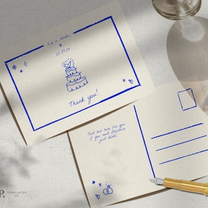 Plantilla de POSTAL DE GRACIAS / extravagantes ilustraciones dibujadas a mano y nota de agradecimiento de boda manuscrita / descarga imprimible / 0024