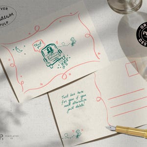 modèle de CARTE DE REMERCIEMENT de mariage | joli couple original dessiné à la main, illustrations d'un taxi et remerciement manuscrit | 0030