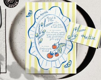 Puede incluir: Un juego decorativo de invitación y tarjeta de mesa con un fondo a rayas amarillas y blancas. La invitación presenta un diseño ilustrado en azul y blanco con texto, incluyendo "Buon Appetito" y un menú. La tarjeta de mesa está etiquetada como "Hattie".