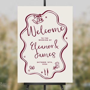 WELCOME SIGN template | Hand drawn doodle illustrations with wavy scallop border | 0055