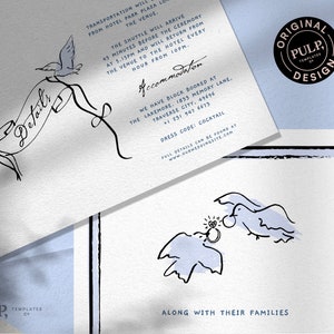 May include: A wedding invitation with a blue and white color scheme. The invitation features a hand-drawn illustration of two birds carrying a banner that says "Details". The invitation also includes the text "PULP, TEMPLATES" and "ORIGINAL PULP, TEMPLATES DESIGN".