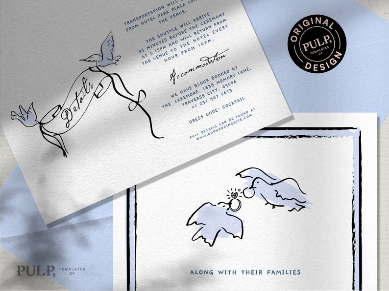 May include: A wedding invitation with a blue and white color scheme. The invitation features a hand-drawn illustration of two birds carrying a banner that says "Details". The invitation also includes the text "PULP, TEMPLATES" and "ORIGINAL PULP, TEMPLATES DESIGN".