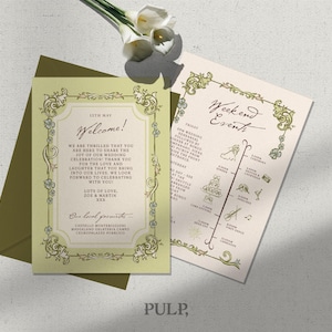 May include: A wedding welcome card and a weekend events itinerary card with ornate gold borders and floral accents. The welcome card features text starting with 11th May Welcome, and the itinerary lists events from Friday to Saturday with small icons.