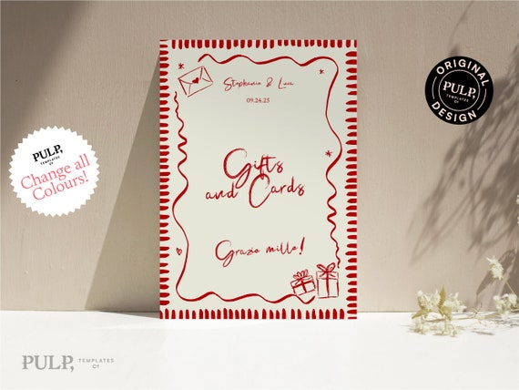 GIFT TABLE SIGN template | retro hand drawn Italian illustrations | Handwritten font | funky wedding signage | event sign | printable | 0041