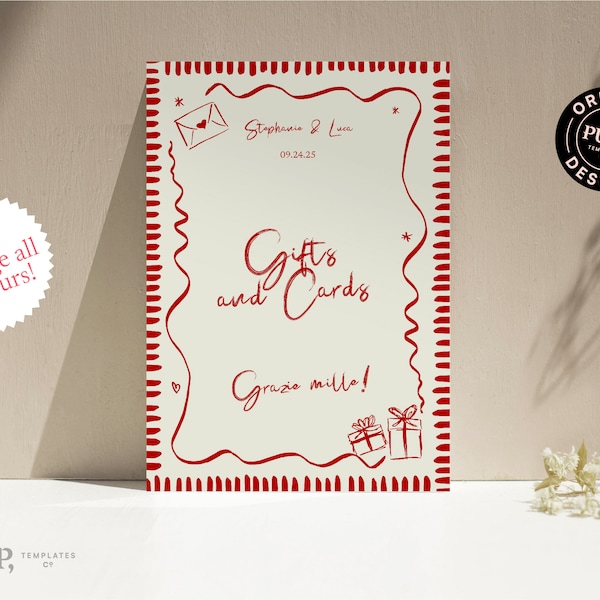 GIFT TABLE SIGN template | retro hand drawn Italian illustrations | Handwritten font | funky wedding signage | event sign | printable | 0041