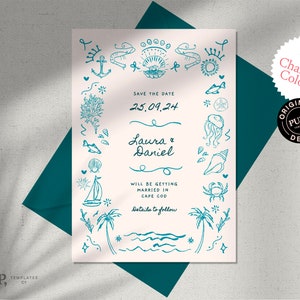 May include: Save the date wedding invitation with a nautical theme. The invitation features a hand-drawn illustration of seashells, starfish, a sailboat, and palm trees in shades of blue on a cream background. The text reads "Save the Date 25.09.24 Laura & Daniel Will be getting married in Cape Cod Details to follow"