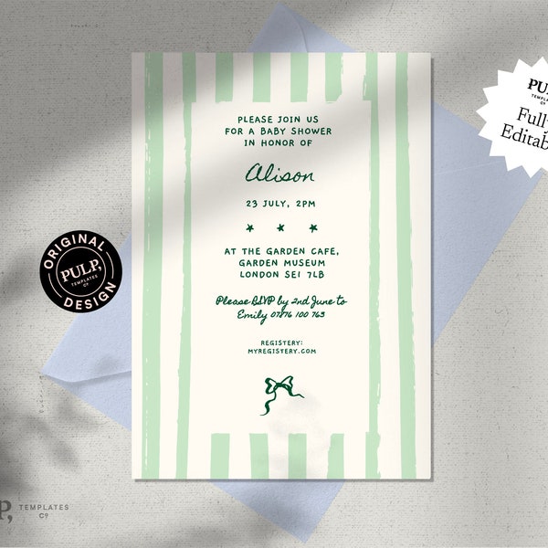 BABY SHOWER INVITE template | gender neutral, boy, girl baby shower invitation | watercolor pin stripe & hand drawn bow | handwritten | 0032