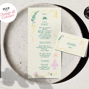 MENU + Modelo de CARTÃO DE LUGAR | Rabisco desenhado à mão e manuscrito ilustrado Menu de casamento caprichoso | Floral ondulado para impressão dl 4 x 9" | 0053