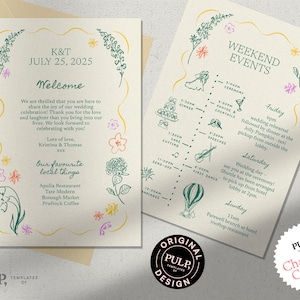 CARTA DE BIENVENIDA DE BODAS + plantilla de línea de tiempo / itinerario / nota de bienvenida / borde ondulado / floral / eventos de fin de semana / dibujado a mano / 0053