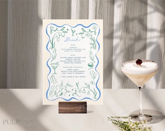 BAR + DRINKS MENU Template | Hand drawn & Handwritten floral doodle illustrated whimsical wedding Menu | fun, colorful, Printable | 0046