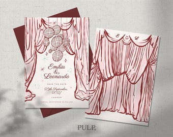 May include: Two wedding invitation cards with a burgundy envelope. The cards feature a pink and burgundy illustration of a stage curtain and disco balls. The text on the card reads "Emilia & Leonardo" and "25th September 2021, London."