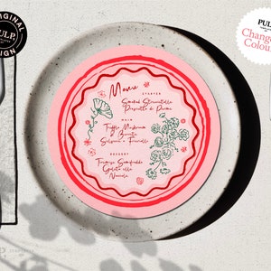 MODÈLE DE MENU RONDS | mariage maximaliste audacieux et amusant | manuscrite et dessinée à la main | illustration florale | coloré | 0052