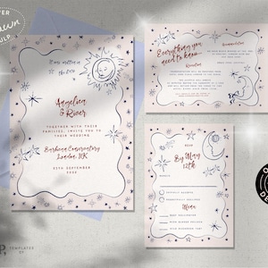 May include: A set of three wedding invitations with a celestial theme. The invitations are printed on cream-coloured paper with a blue and black ink design. The invitations feature a sun, moon, and stars. The text on the invitations reads "Angelica & River" and "Everything you need to know".