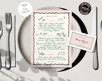 MENU + PLACE CARD Template |  Hand drawn & Handwritten scribble illustrated whimsical wedding party food menu | funky printable | 0044