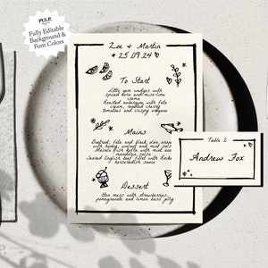MENÚ + TARJETA DE LUGAR Plantilla / Dibujado a mano, Garabato escrito a mano Menú de boda extravagante ilustrado / Descarga digital imprimible negra de moda / 024