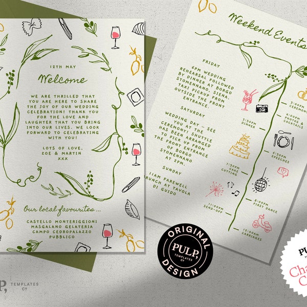 WEDDING WELCOME LETTER + timeline template | itinerary | welcome note | Italian destination | weekend events | handwritten hand drawn | 0036