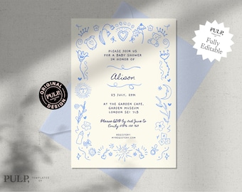 BABY SHOWER INVITE template | boy, girl, gender neutral, baby shower invitation | quirky cute hand drawn border + handwritten | blue | 0033