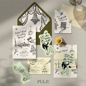 Funky Hand Drawn Wedding Invitation Template, Quirky Illustrated with Die Cut Card | Whimsical Wedding Suite | 0060