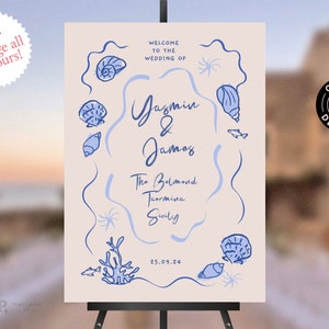 HOCHZEIT-WILLKOMMEN-SCHILD-Schablone | Von Strand inspiriertes Hand gezeichnetes und handgeschriebenes Partyschild bunte, skurrile, Küsten Illustrationen | 0056