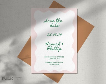 May include: A pink and white save the date card with a green script font. The text reads "Save the date" with the date "25.09.24" below. The names "Hannah & Phillip" are written below the date. The text "ARE GETTING MARRIED LONDON, UK FORMAL INVITATION TO FOLLOW" is written in a smaller font below the names.