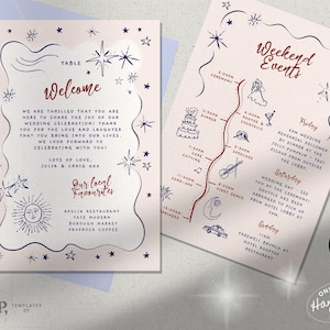 CARTA DE BIENVENIDA PARA BODAS + plantilla de cronograma / itinerario / nota de bienvenida / boda celestial / eventos de fin de semana / escrito a mano / dibujado a mano / 0062