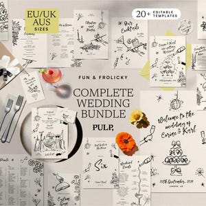 May include: A complete wedding bundle with over 20 editable templates. The design features black and white illustrations of cocktails, cake, and other wedding elements. Includes invitations, menus, and signage.