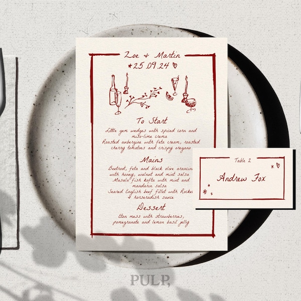 MENU + PLACE CARD Template |  Hand drawn & Handwritten scribble illustrated Whimsical Wedding Menu | elegant party | 0024 burgundy
