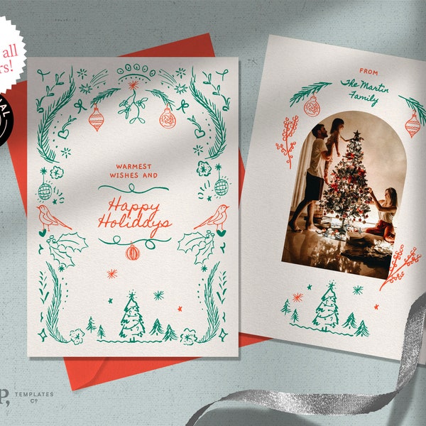 PHOTO HOLIDAY CARD template | hand drawn, whimsical retro winter Christmas illustrations | 0033