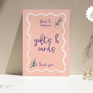 Modello REGALO TAVOLA SEGNO / segno di nozze con bordo ondulato pettine retrò disegnato a mano scritto a mano / stampabile / ricevimento, bambino o addio al nubilato /0020