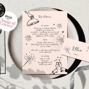 May include: A pink menu card with black text and illustrations. The menu includes a sharing antipasti platter, pasta alla Noma, and homemade tiramisu. A pink place card with black text reads "Ellie, Table 2".