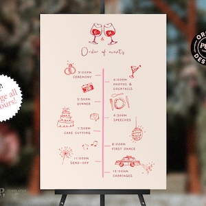 ORDER of EVENTS VORLAGE | lustiges Hochzeit Timeline Zeichen | handgeschriebene & handgezeichnete illustrierte Symbole | Ordnung des Tages | betrunken verliebt | 0035