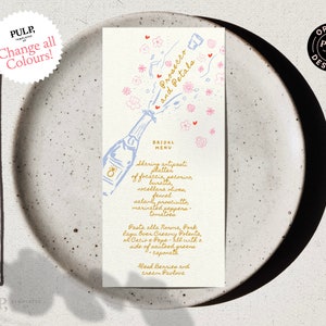 BRIDAL SHOWER MENÜ | 10x23 und dl Größe | Menü für Hochzeit, Babyparty, Party | wunderliche flippige bunte Hand gezeichnet | Prosecco und Blütenblätter | 0035