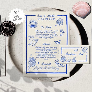 MENU + PLACE CARDS template | beach wedding | handwritten & hand drawn | destination wedding | scribble illustration | whimsical | 0024