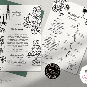 LETTRE DE BIENVENUE DE MARIAGE + modèle de chronologie | itinéraire | mot de bienvenue | téléchargement imprimable | événements du week-end | manuscrite dessinée à la main | 0054