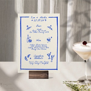 BAR + Plantilla de MENÚ DE BEBIDAS / Dibujado a mano y garabato escrito a mano ilustrado Menú de boda caprichoso / Azul de moda imprimible digital / 0024