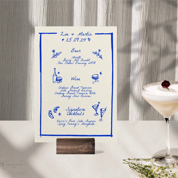 BAR + DRINKS MENU Template |  Hand drawn & Handwritten scribble illustrated Whimsical Wedding Menu | Trendy Blue Printable Digital | 0024