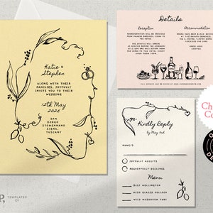 WEDDING INVITATION SET Template | destination wedding | Italian mediterranean invite | hand drawn illustrations handwritten | rustic | 0036