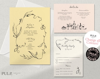Plantilla de invitación de boda / boda de destino / invitación mediterránea italiana / ilustraciones dibujadas a mano y escritas a mano / rústico / 0036