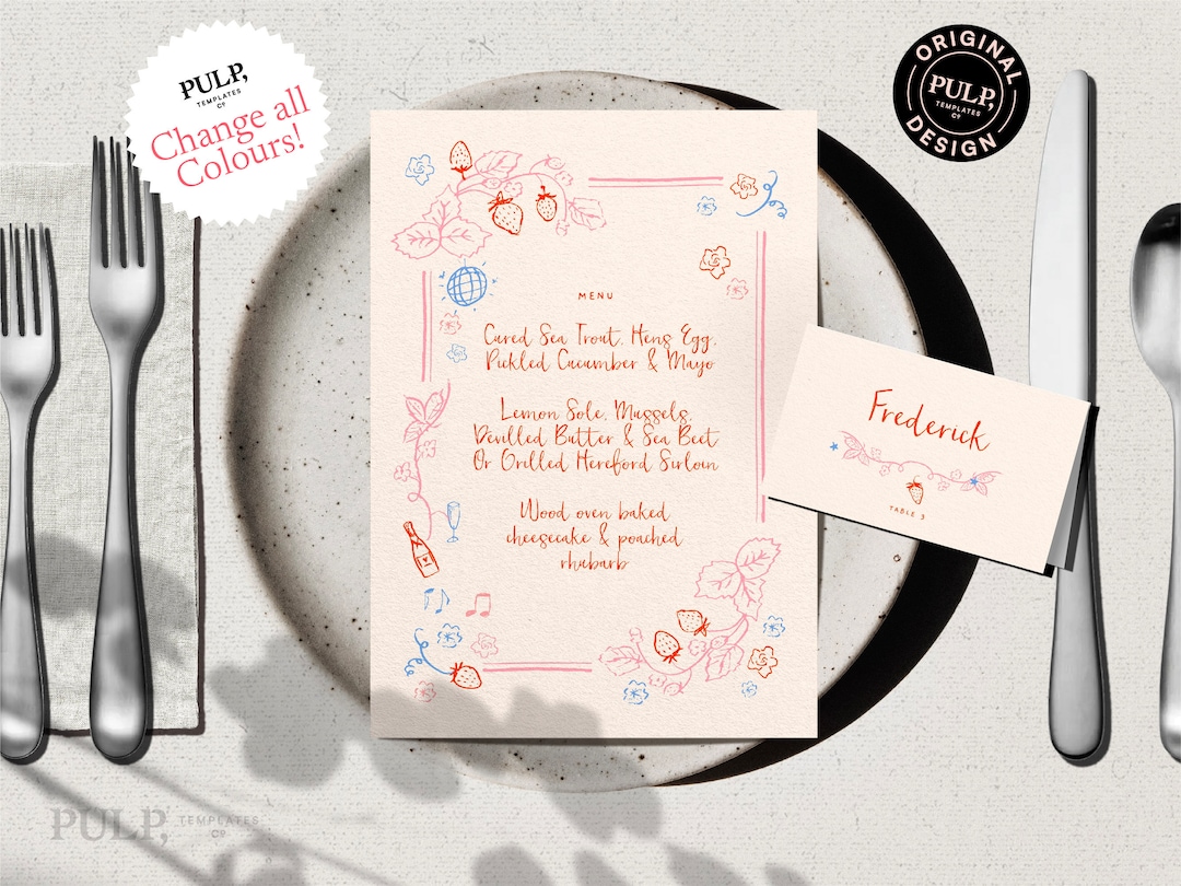 MENU PLACE CARD Template Hand Drawn Handwritten Floral and