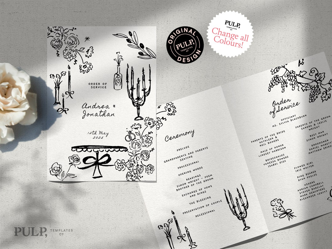 WEDDING CEREMONY PROGRAM Template | Large Quirky Hand Drawn ...