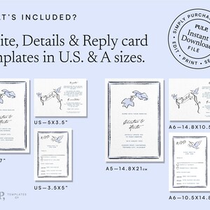 May include: A set of printable wedding invitation templates featuring a blue and white design with a pair of birds holding a banner. The templates are available in US and A sizes, including 5x7 inches, 5x3.5 inches, 3.5x5 inches, 14.8x21 cm, 14.8x10.5 cm, and 10.5x14.8 cm.