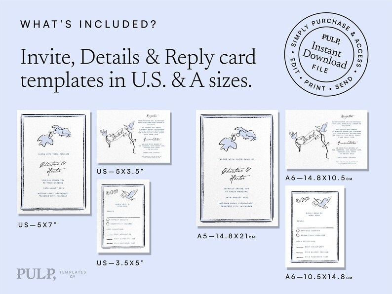 May include: A set of printable wedding invitation templates featuring a blue and white design with a pair of birds holding a banner. The templates are available in US and A sizes, including 5x7 inches, 5x3.5 inches, 3.5x5 inches, 14.8x21 cm, 14.8x10.5 cm, and 10.5x14.8 cm.