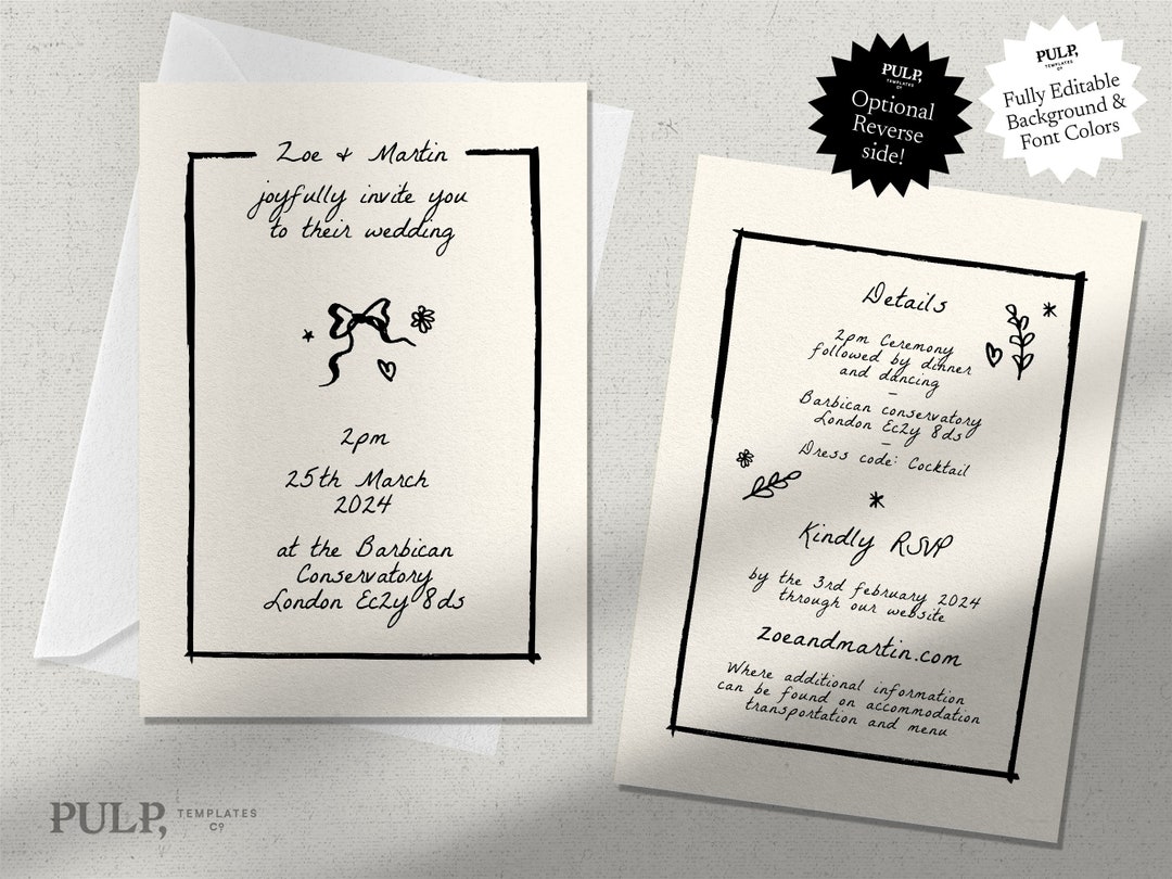 WEDDING INVITATION TEMPLATE Quirky Whimsical Scribbled Hand Drawn ...
