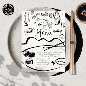 May include: A black and white illustrated menu card with the word "Menu" in a handwritten font. The card features sushi illustrations, sake bottles, and a list of menu items. Chopsticks and a small dish are on the right.