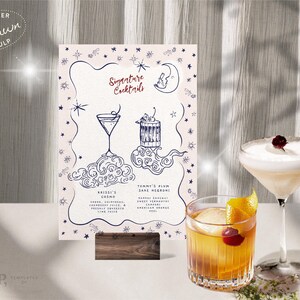SIGNATURE BOISSONS SIGN | Cocktail personnalisé | Menu de mariage fantaisiste céleste dessiné et manuscrit illustré | Imprimable | 0062