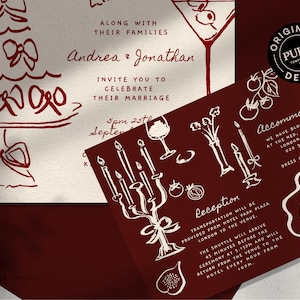 May include: Burgundy and cream wedding invitation suite with hand-drawn illustrations of a cake, martini, and candles. The invitation includes the names "Andrea & Jonathan" and event details.