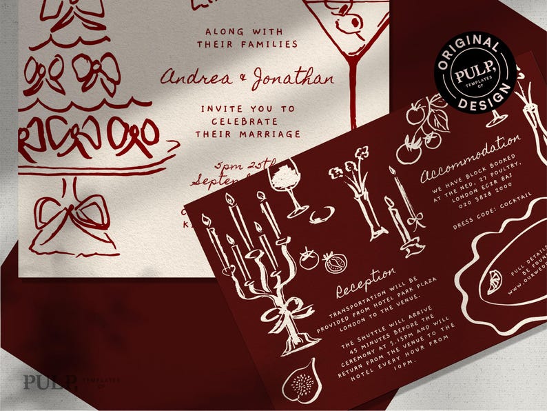 May include: Burgundy and cream wedding invitation suite with hand-drawn illustrations of a cake, martini, and candles. The invitation includes the names "Andrea & Jonathan" and event details.