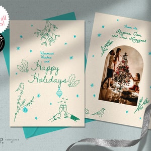 Plantilla de TARJETA DE VACACIONES FOTO / dibujadas a mano, caprichosas ilustraciones navideñas de invierno retro vintage / 0035