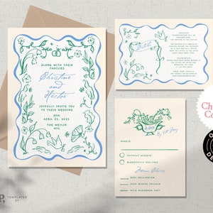 Könnte beinhalten: Eine Hochzeitseinladungssuite mit einem floralen Design in Grün und Blau. Die Einladung enthält die Namen Christine und Hector, das Datum 25. April 2025 und den Ort The Weylin, NYC. Die RSVP-Karte listet die Abendessenoptionen auf.