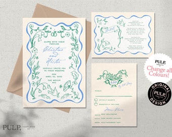 WEDDING INVITATION SET template | hand drawn floral doodle illustrations & handwritten | fun, colorful, fun whimsical  | 0046